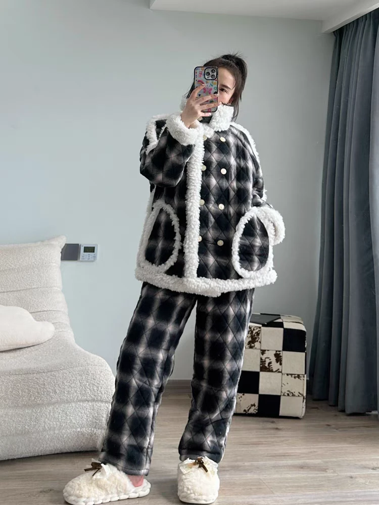 pink grape三层夹棉加厚女睡衣冬韩版格纹零下保暖加绒外穿家居服