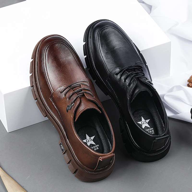 休闲男皮鞋冬季新款舒适百搭男士商务皮鞋英伦系带黑色男鞋23357