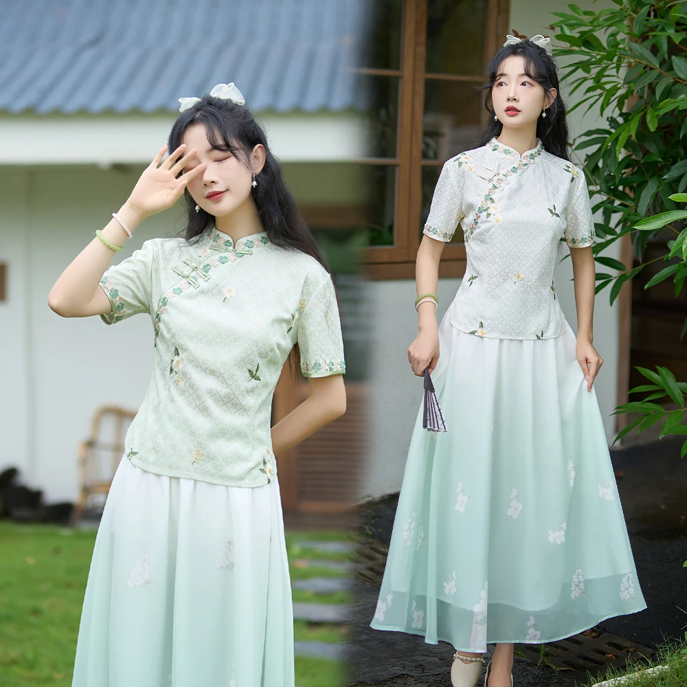 夏季中国风女装修身立领盘扣绣花清新上衣茶艺服+瘦身半身裙套装