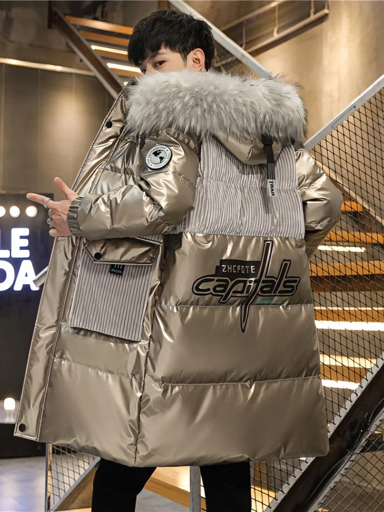 冬季男士个性中长款亮面连帽羽绒服青少年韩版潮流加厚棉服外套