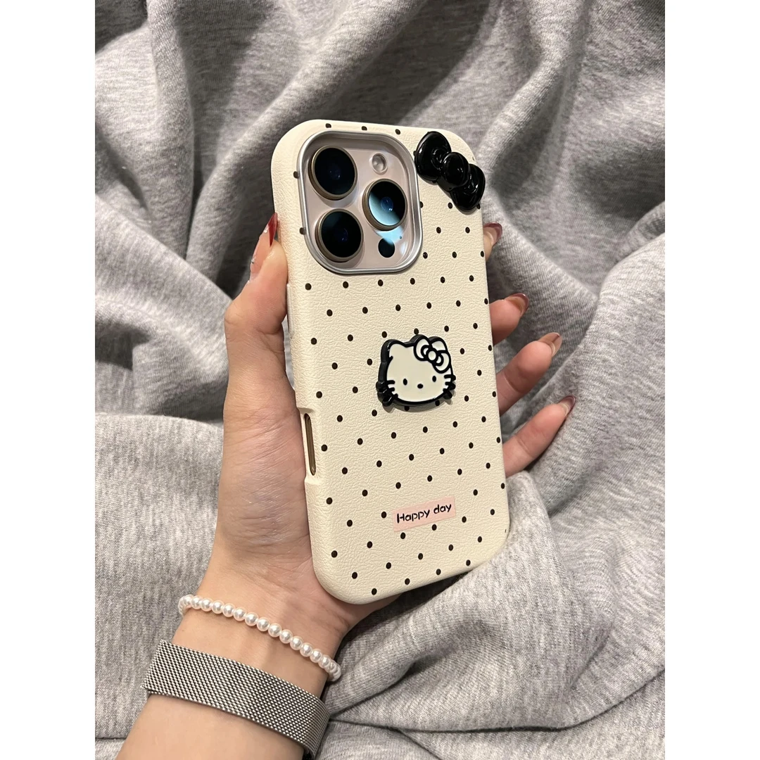BANCA可爱波点kitty猫适用iPhone16/15pro荔枝纹14金属框手机壳13