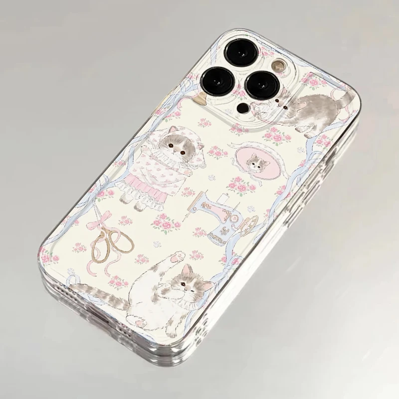 BANCA碎花猫咪裁缝铺适用苹果16/15/13手机壳华为p70vivo小米oppo
