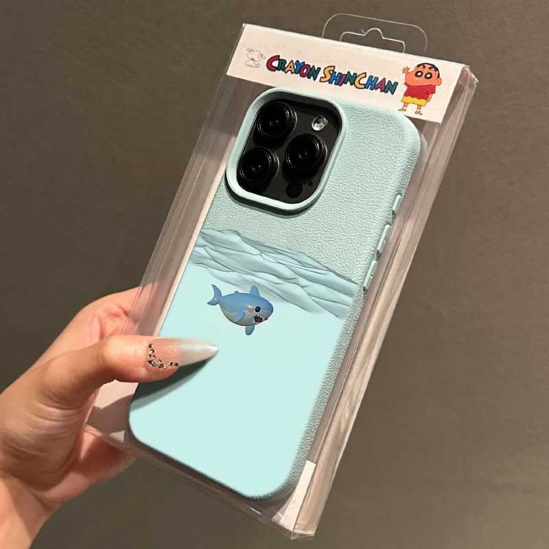 BANCA蓝色小鲨鱼荔枝纹适用苹果15手机壳iPhone14promax磨砂13/12