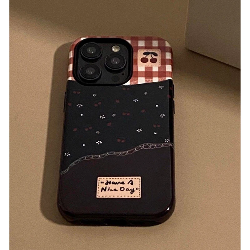 BANCA格纹樱桃碎花适用苹果16/15手机壳X可爱14Promax/13/12PRO软