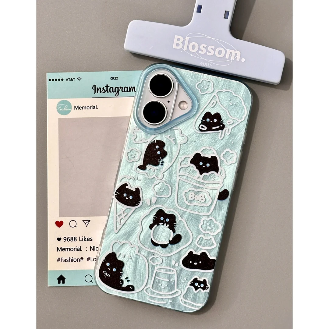 BANCA涂鸦线条黑猫羽纱适用苹果16promax手机壳iPhone15/14/13/12