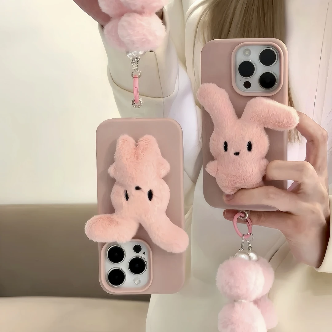 BANCA毛绒粉色折耳兔子适用苹果16/15promax手机壳华为vivo小米14