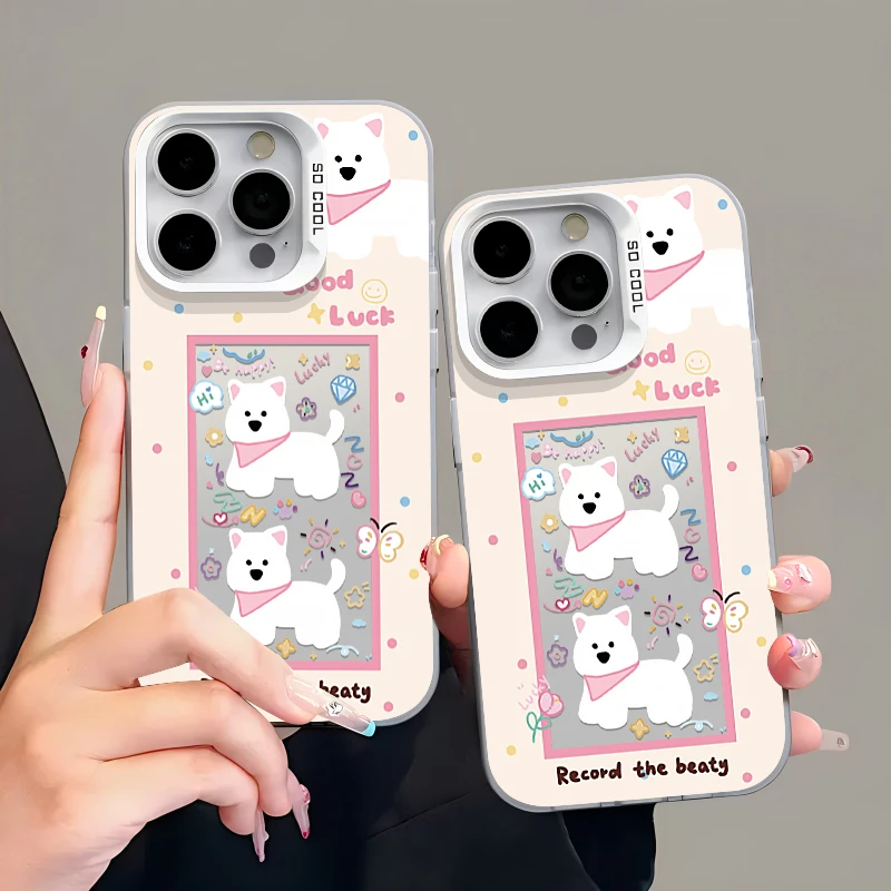 BANCA可爱粉框小白狗iphone15/14/13/12promax手机壳华为oppo小米
