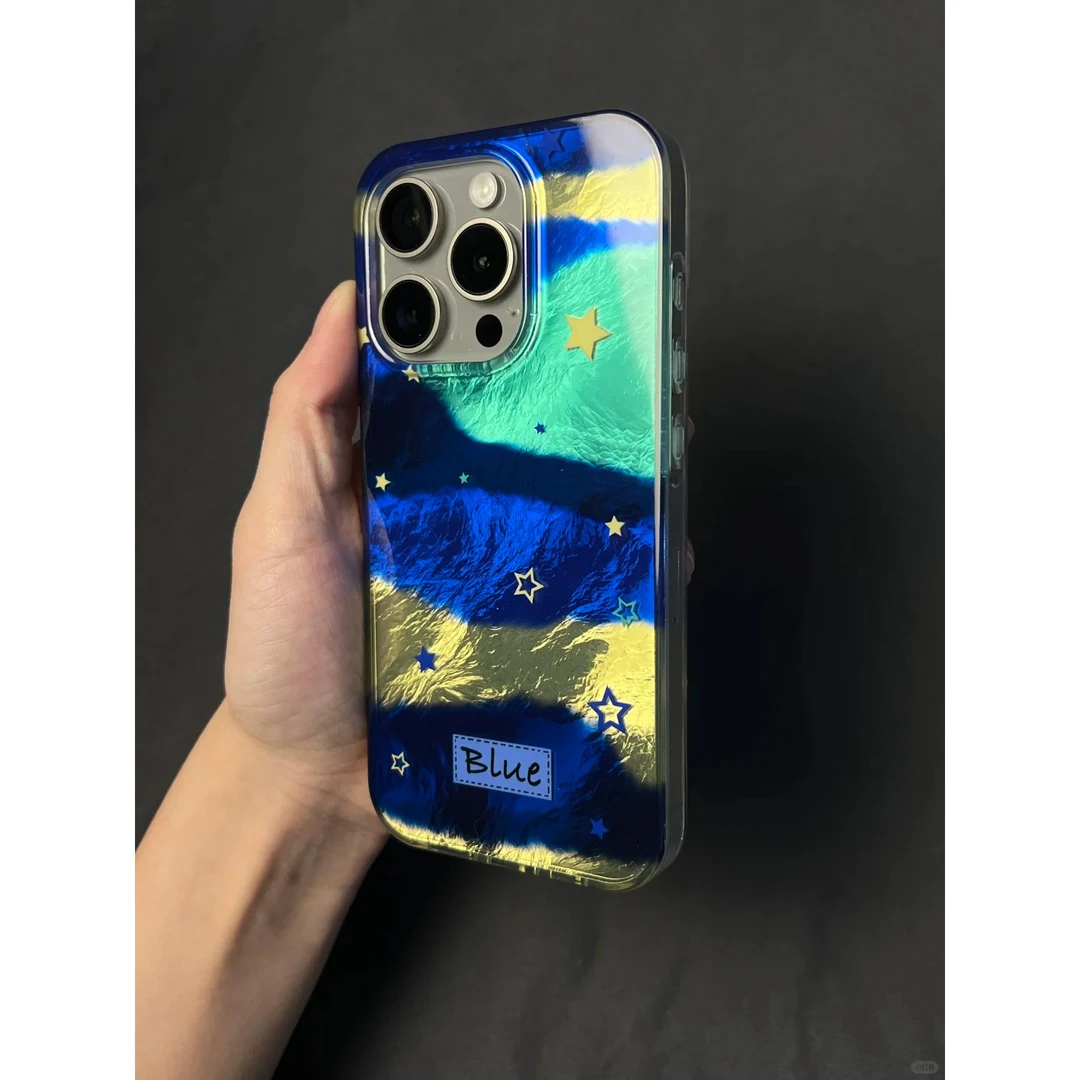 BANCA蓝绿撞色拼接星星适用苹果16手机壳iphone15/14pro冰川壳13