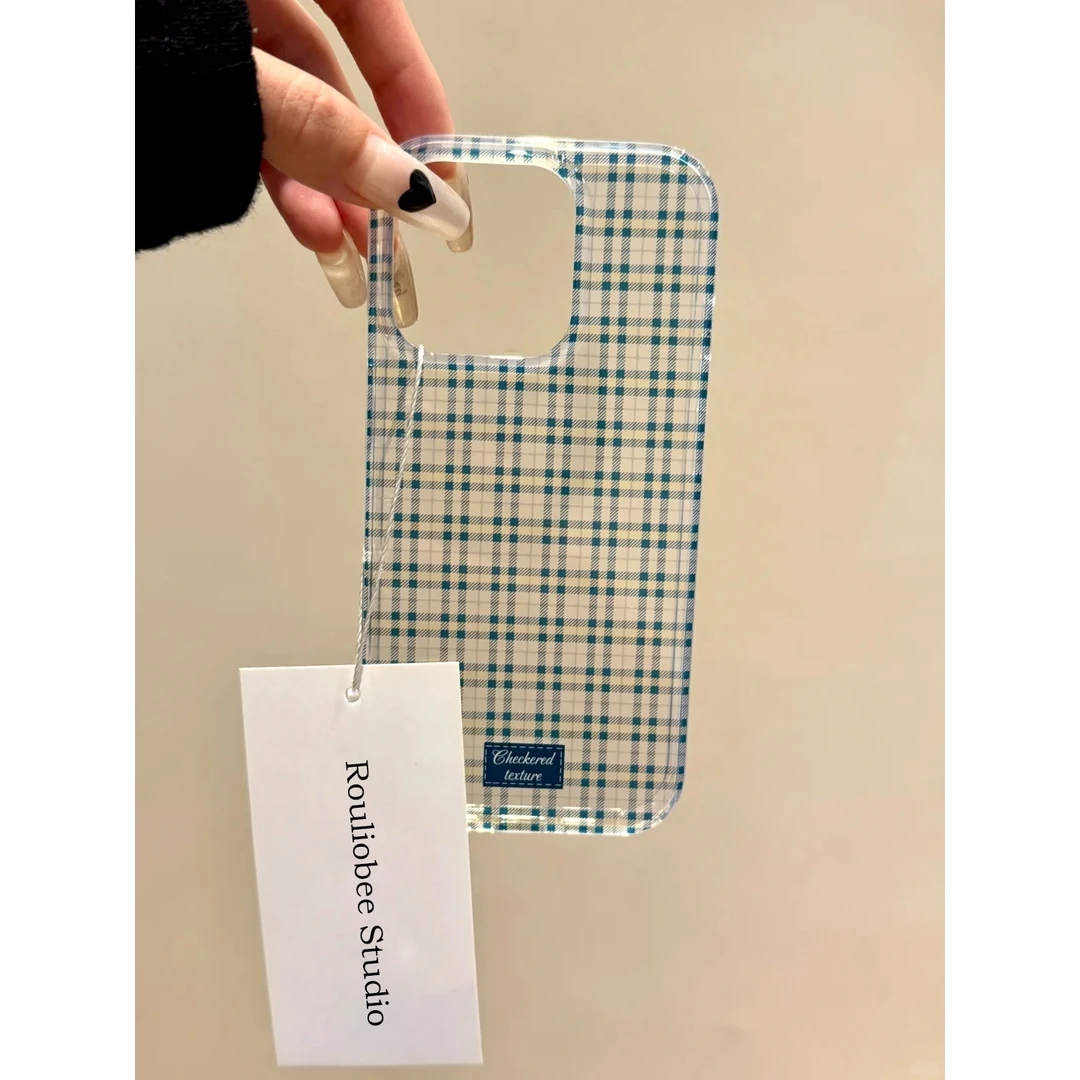 BANCA淡蓝透明格纹适用iPhone16promax手机壳苹果15/14高级13软12