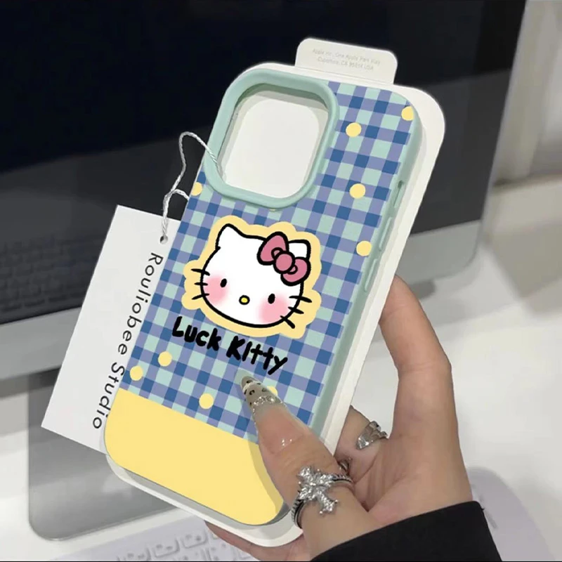 BANCA黄边格子KT猫适用苹果15promaxiPhone16手机壳14/13荔枝纹12