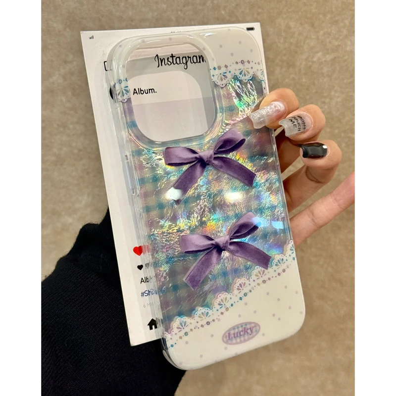BANCA韩系紫蝴蝶结格纹适用苹果16/15手机壳华为P70vivo小米oppo