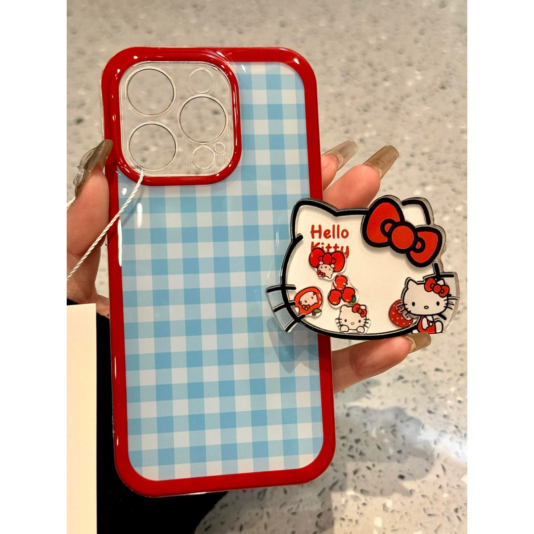 BANCA蓝格纹kt猫摇摇乐支架适用苹果16/15手机壳华为vivo小米oppo