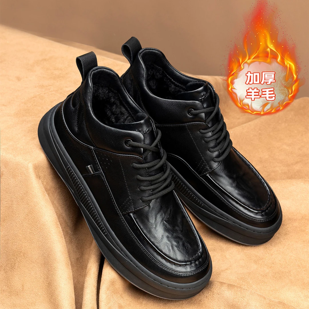 Harson/哈森冬季头层牛皮保暖中帮羊毛内里休闲皮靴时尚百搭男鞋