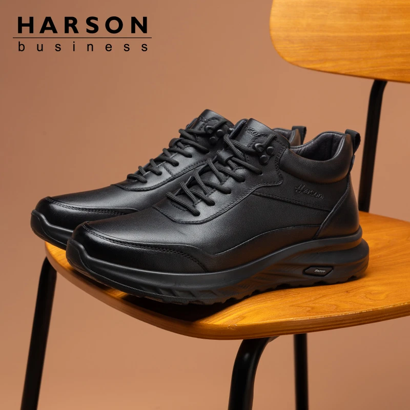 Harson/哈森头层牛皮高帮男士皮鞋加绒保暖防滑休闲时尚百搭男鞋