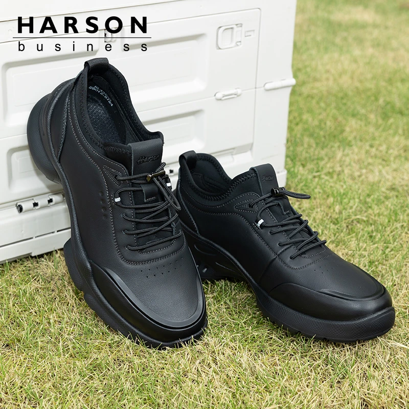 Harson/哈森头层牛皮男士休闲皮鞋商务休闲男鞋时尚百搭户外黑色