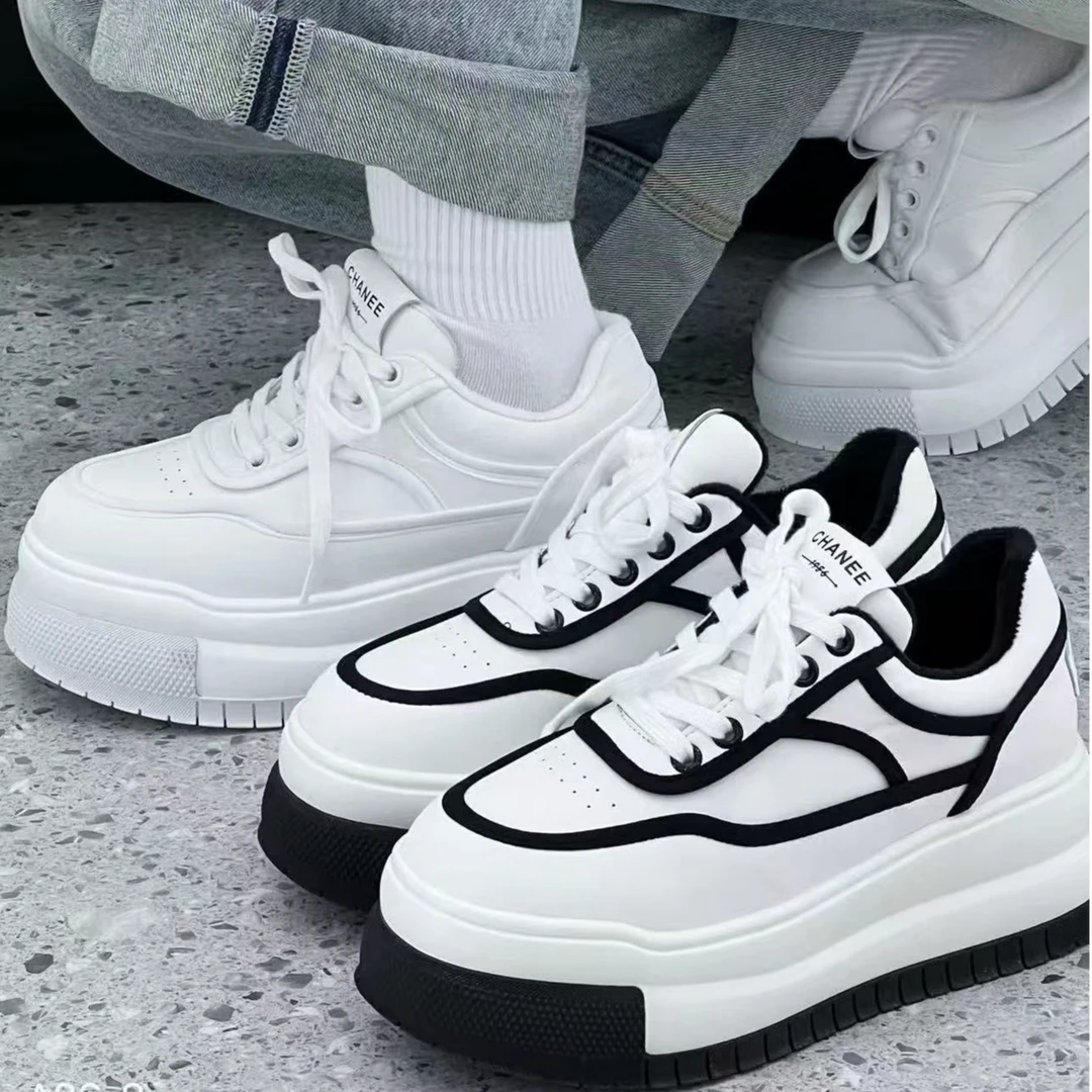 小个子厚底松糕鞋女2024秋冬新款百搭真皮休闲板鞋超轻增高小白鞋