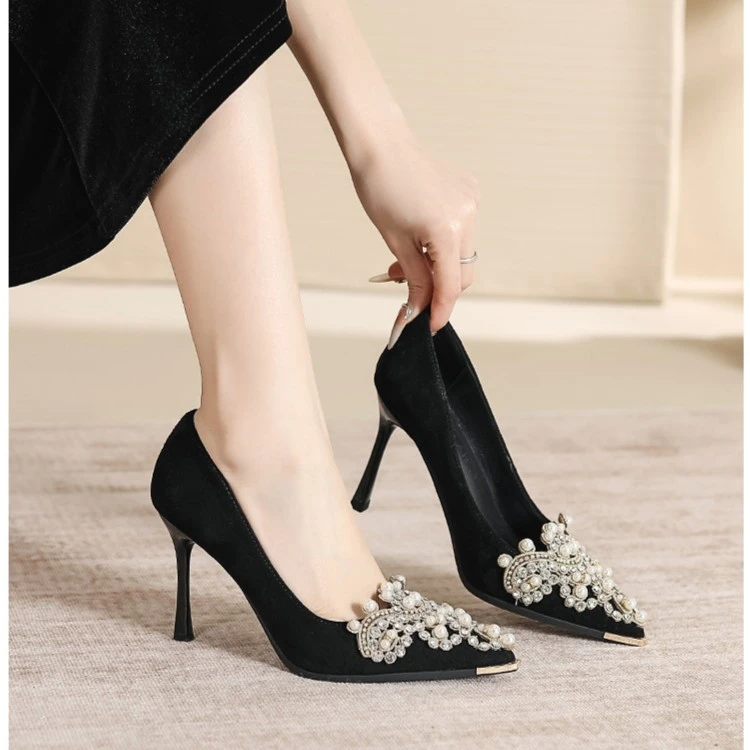 码绒面高跟鞋尖头加宽旗袍古风复古搭跟鞋浅口浅口高跟鞋女