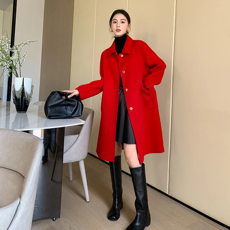 2024新款秋冬双面羊毛大衣女中长款100%羊毛高端毛呢外套气质显瘦