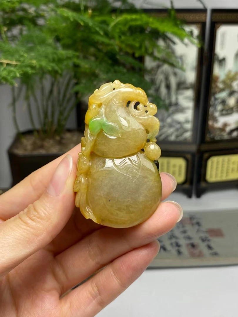 黄加绿葫芦福禄挂件 天然翡翠A货 86731F