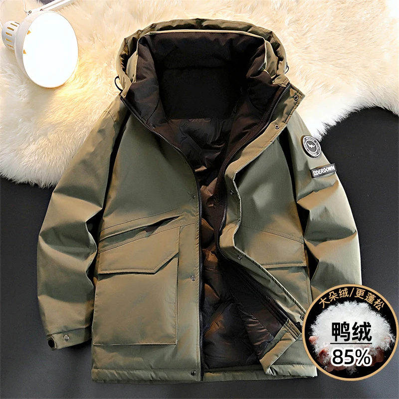 大码男装冬季工装羽绒服男胖子宽松加肥加大防风防水保暖连帽外套