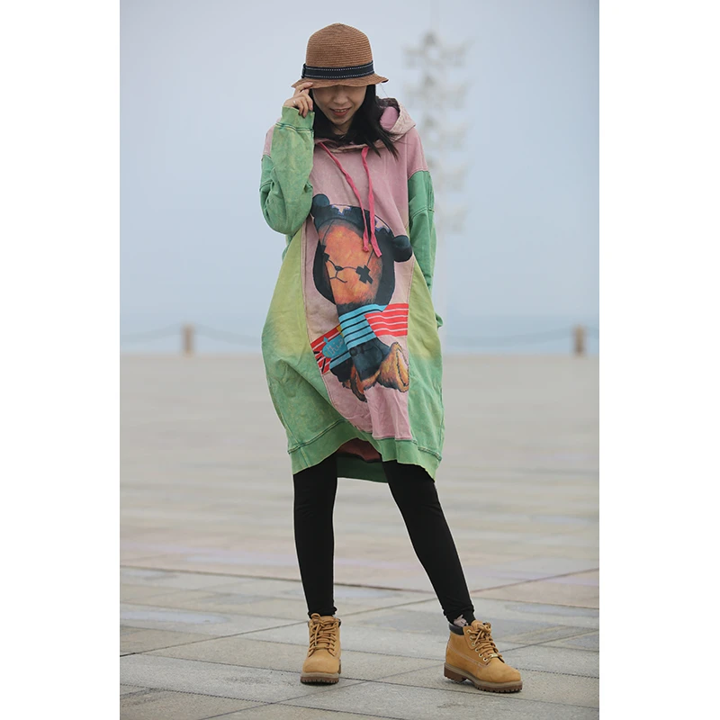 念北穿搭连帽可爱宽松拼接中长款印花小熊卫衣W