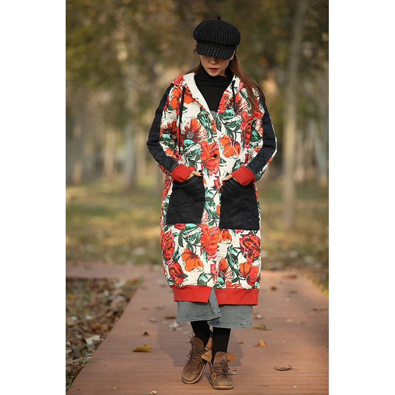 念北穿搭个性复古大花冬季中长款连帽加厚保暖防风棉衣W