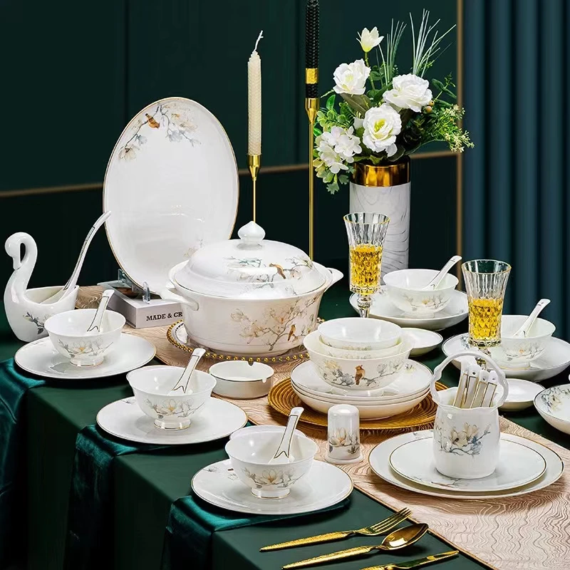 [花鸟望声平]景德镇高档骨瓷[70件豪华套装]高端中式精美轻奢餐具