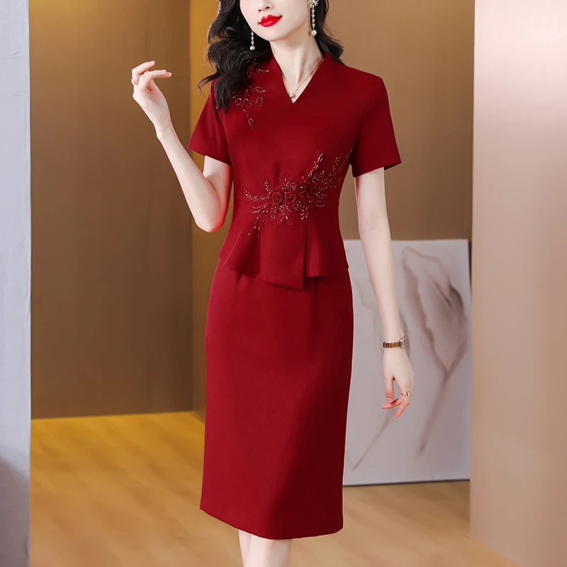2025夏季时尚新款喜婆婆婚宴中式喜庆气质收腰显瘦连衣裙