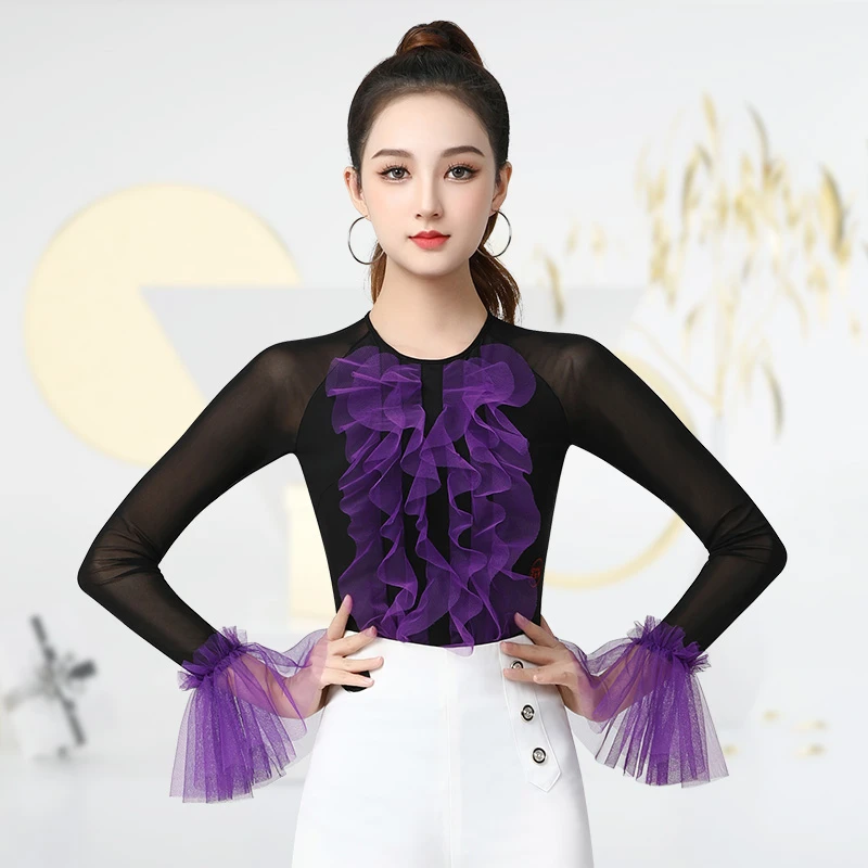 【小圆领网纱边花边】丹宝罗新款交谊舞服女舞衣时尚国标舞练功服