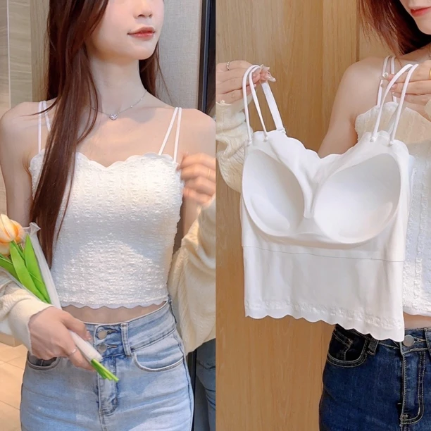 大胸显小固定杯背心女内搭带胸垫芒果杯内衣美背薄款抹胸LANE兰娥