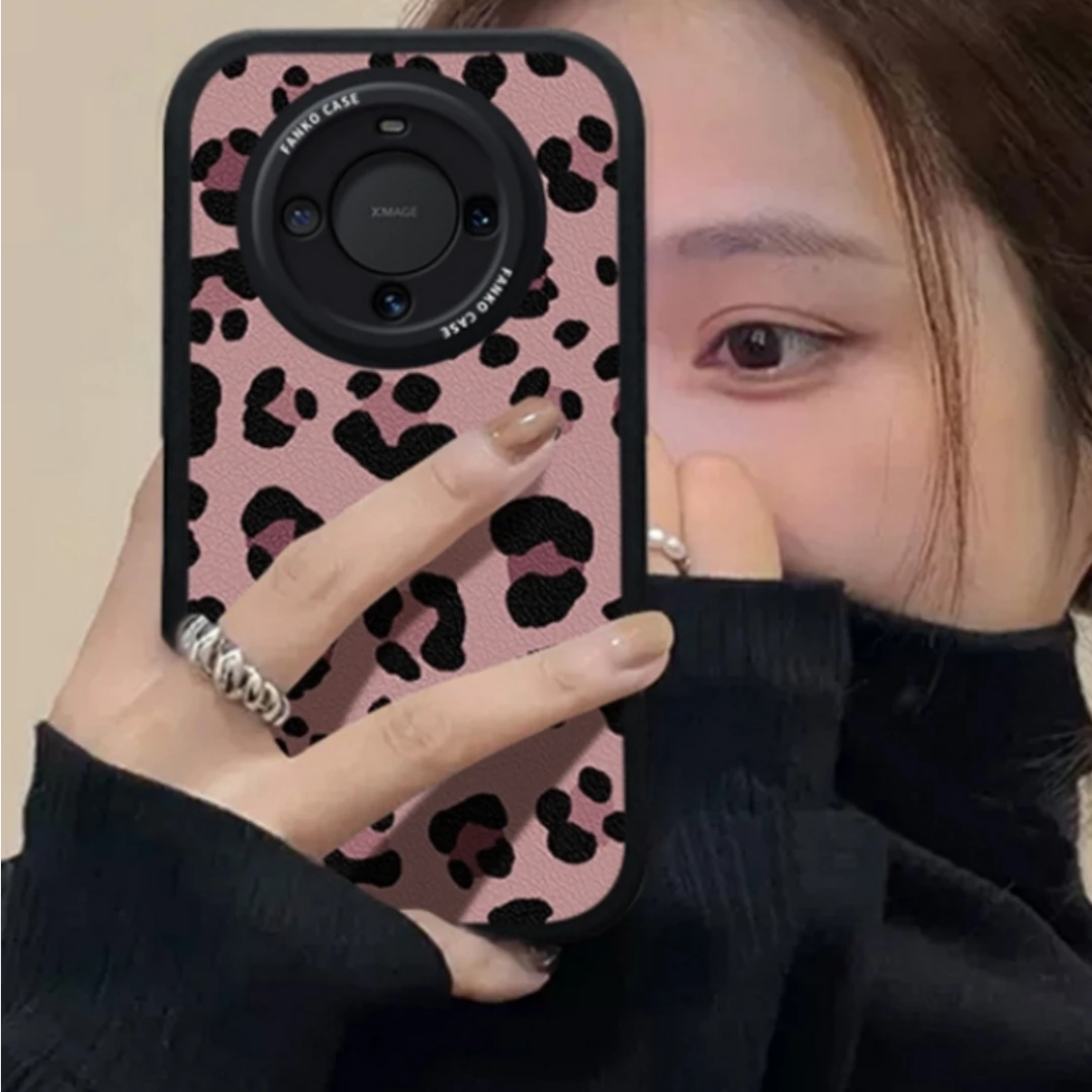 粉色豹纹适用华为mate60pro手机壳新款小羊皮mate50新款mt40e小众