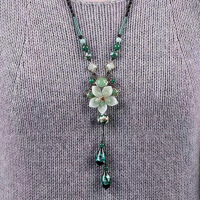 非金属布艺项链 绿色莲花项链民族风2024年款秋冬吊坠百搭毛衣链