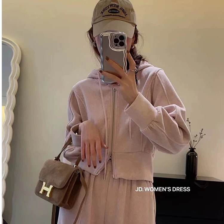 慵懒风休闲运动卫衣套装女秋冬季韩版高级感连帽开衫阔腿裤两件套