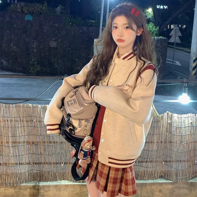 棒球部心动学姐 刺绣撞色毛呢夹棉棒球服燕麦色外套女百搭上衣