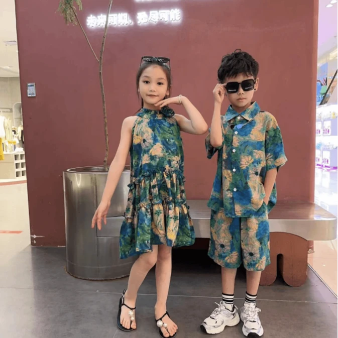 07115姐弟装男女女童油画雪纺套装