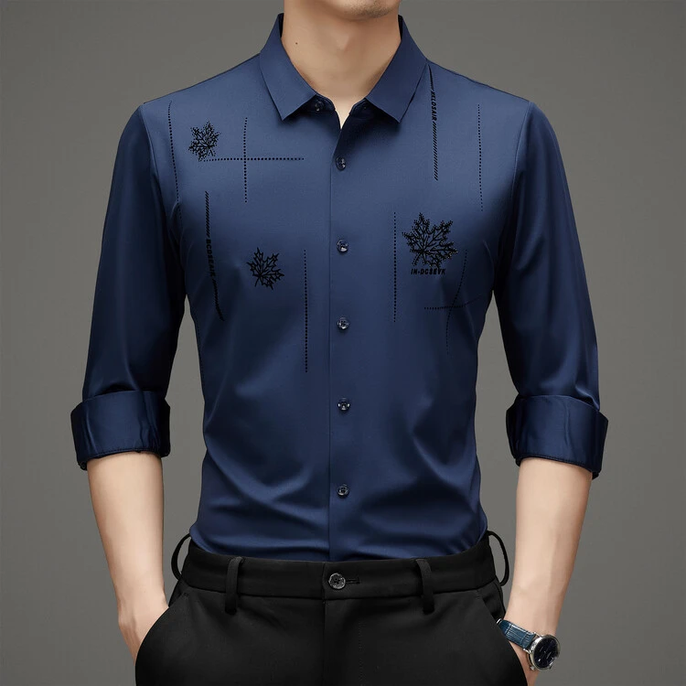 爸爸无痕垂感长袖衬衫男士新款秋冬新款商务休闲寸衣中年衬衣印花