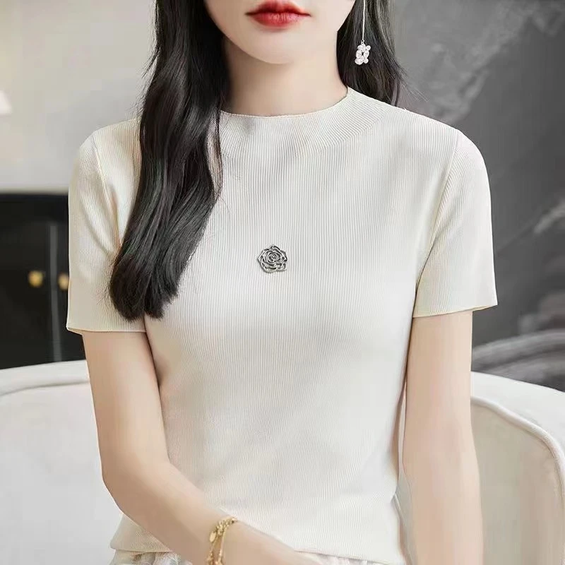 夏季清凉山茶花半短袖时尚T恤勾勒优美肩颈线百搭圆领针织衫