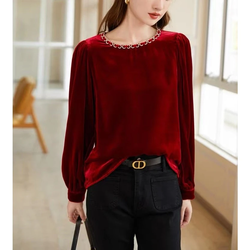 6016丝绒红色上衣女春夏款宽松衬衫打底衫设计感气质百搭泡泡袖
