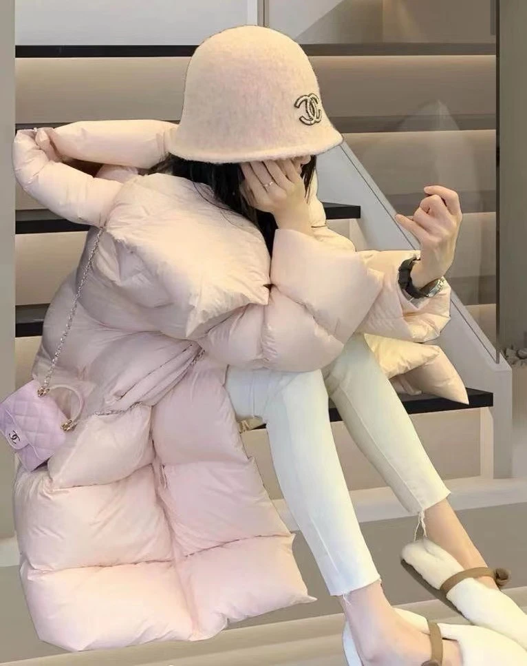 【丹米专属】长款90白鸭绒面包直筒韩版宽松羽绒服女过膝厚冬季外套