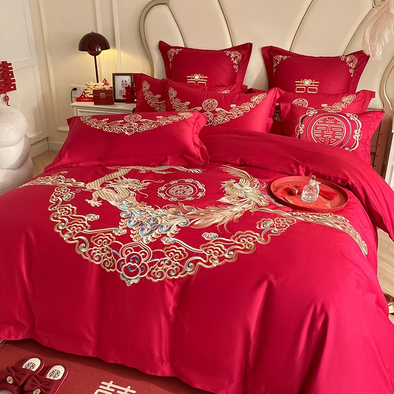 高端大气结婚婚庆大红色喜被床上用品双人被罩床单四件套