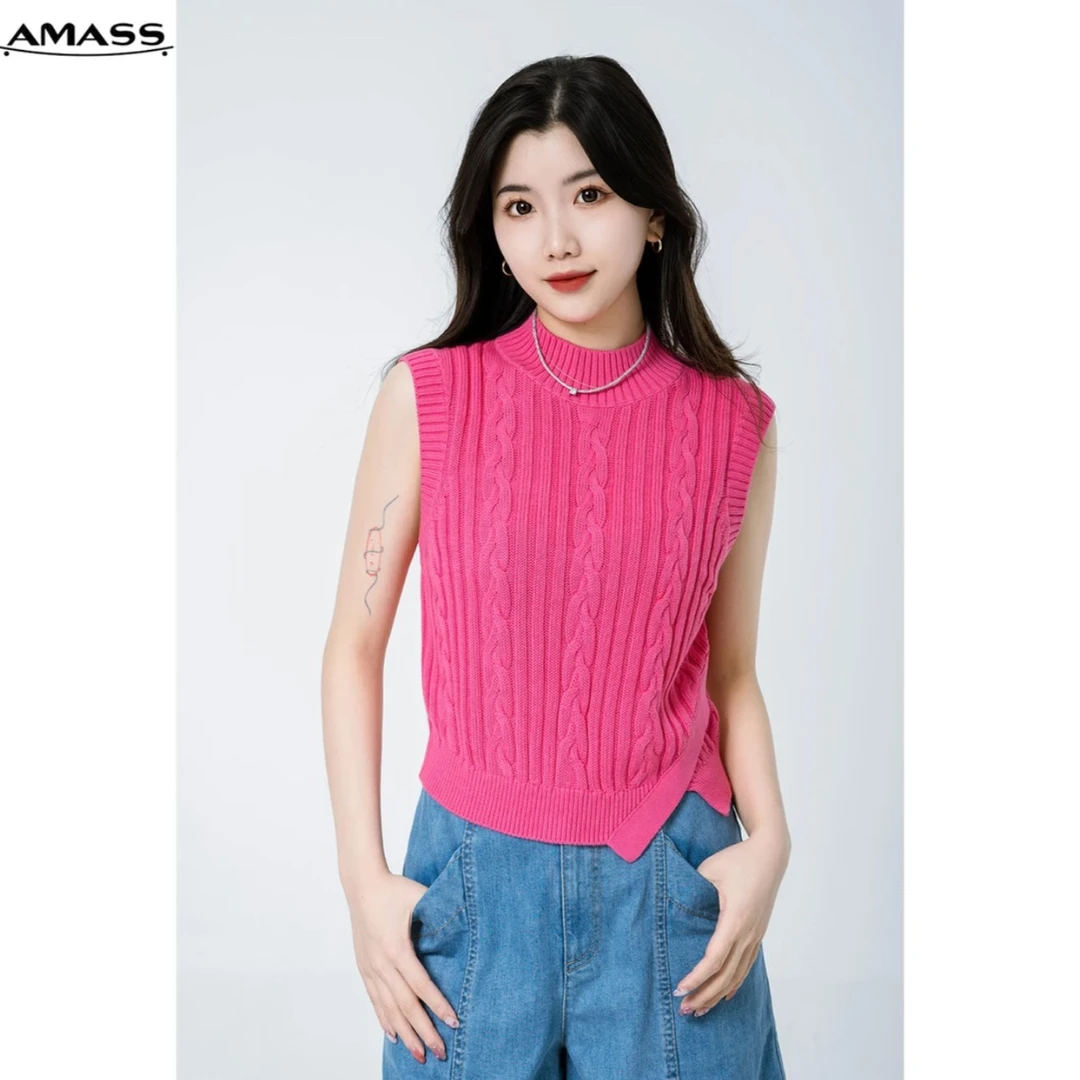 AMASS/阿玛施时尚百搭纯色圆领不规则休闲套头针织马甲5399380