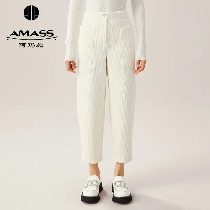 阿玛施AMASS新款女装显瘦保暖松紧腰宽松版雪尼尔工装裤5100219-3