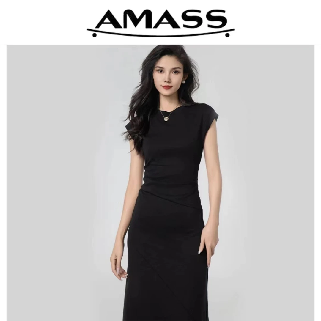 AMASS/阿玛施早秋新款黑色绵羊毛无袖修身收腰中长连衣裙 5500454