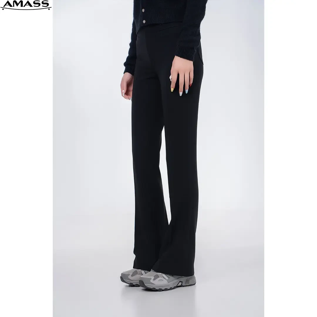 AMASS/阿玛施新款高腰显瘦时尚复古黑色修身设计感微喇裤 5100544