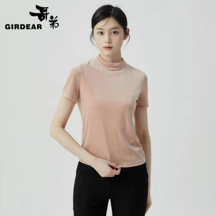 GIRDEAR/哥弟春夏通勤百搭时尚立领高级冰丝绒短袖T恤衫1300606