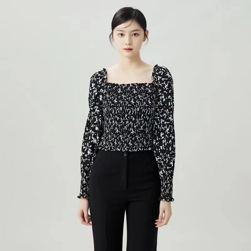 GIRDEAR/哥弟2023春秋季方领复古碎花短款长袖套头衬衫1300912