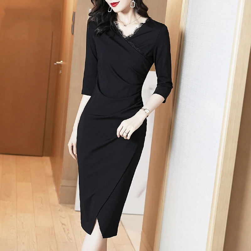 高级感连衣裙长款女春季2025新款黑色显瘦气质V领七分袖包臀长裙