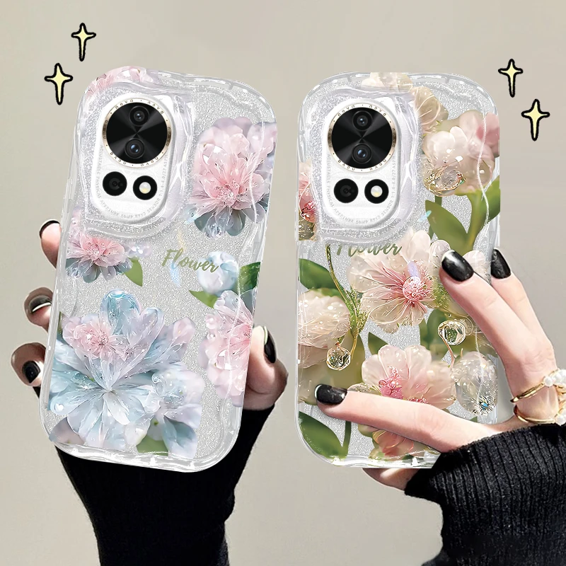 适用华为nova12pro手机壳水晶花奶油纹透明软壳全包防摔保护套