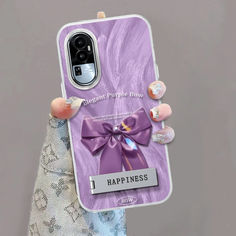 适用OPPOreno10/pro新款手机壳羽纱壳紫色丝绸蝴蝶结防摔保护套