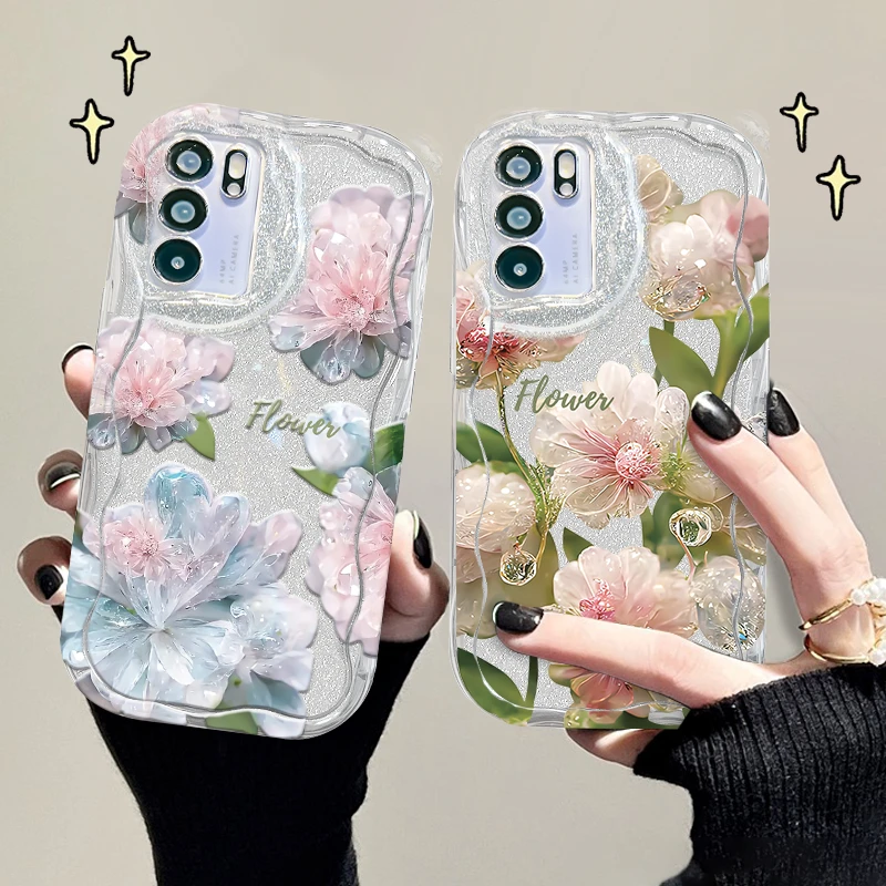 适用opporeno6pro手机壳水晶花奶油纹透明软壳镜头全包防摔保护套